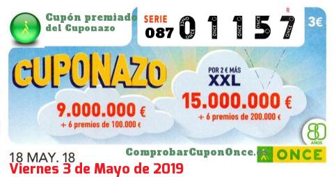 Cuponazo ONCE premiado el Viernes 18/5/2018