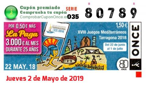 Cupón ONCE premiado el Martes 22/5/2018