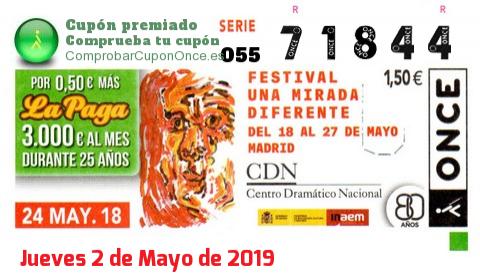 Cupón ONCE premiado el Jueves 24/5/2018