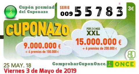 Cuponazo ONCE premiado el Viernes 25/5/2018