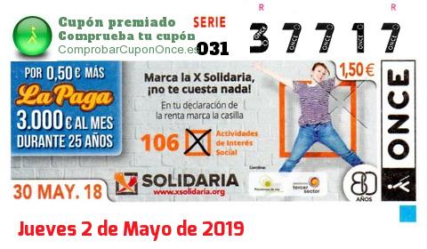 Cupón ONCE premiado el Miercoles 30/5/2018