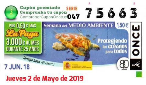 Cupón ONCE premiado el Jueves 7/6/2018