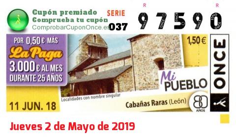 Cupón ONCE premiado el Lunes 11/6/2018