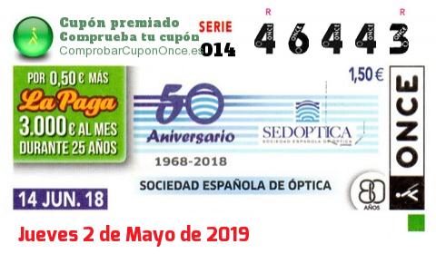 Cupón ONCE premiado el Jueves 14/6/2018