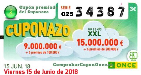 Cuponazo ONCE premiado el Viernes 15/6/2018
