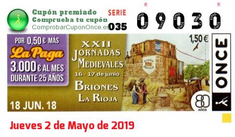 Cupón ONCE premiado el Lunes 18/6/2018