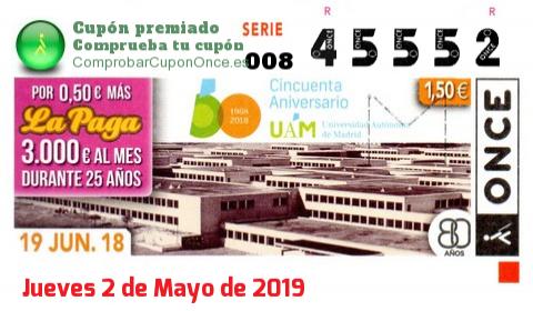 Cupón ONCE premiado el Martes 19/6/2018