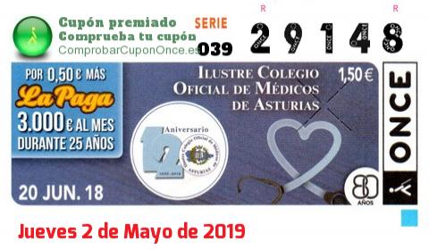 Cupón ONCE premiado el Miercoles 20/6/2018