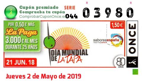 Cupón ONCE premiado el Jueves 21/6/2018