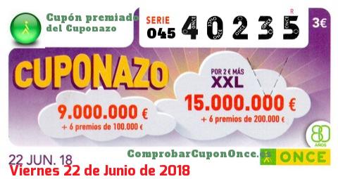 Cuponazo ONCE premiado el Viernes 22/6/2018