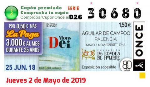 Cupón ONCE premiado el Lunes 25/6/2018