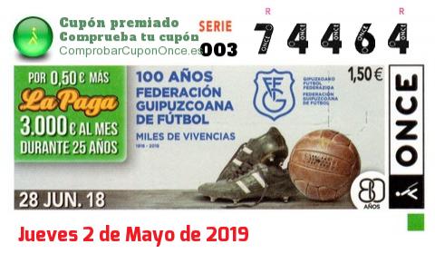 Cupón ONCE premiado el Jueves 28/6/2018