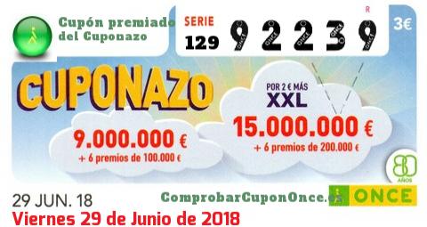 Cuponazo ONCE premiado el Viernes 29/6/2018