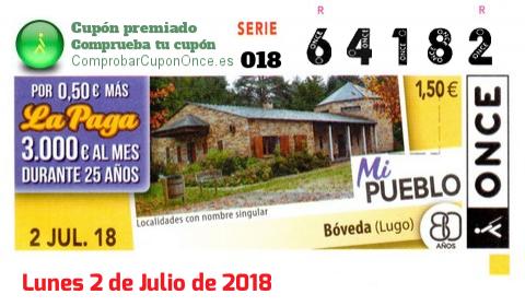 Cupón ONCE premiado el Lunes 2/7/2018