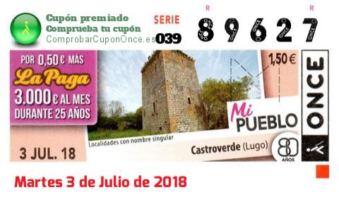 Cupón ONCE premiado el Martes 3/7/2018