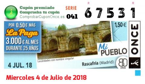 Cupón ONCE premiado el Miercoles 4/7/2018