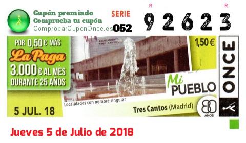 Cupón ONCE premiado el Jueves 5/7/2018