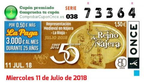 Cupón ONCE premiado el Miercoles 11/7/2018