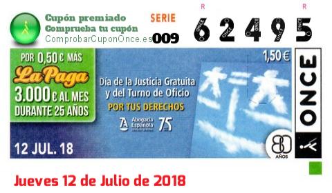 Cupón ONCE premiado el Jueves 12/7/2018