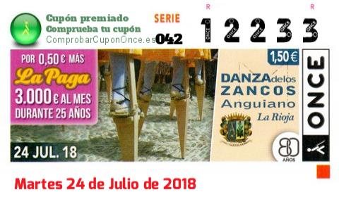 Cupón ONCE premiado el Martes 24/7/2018