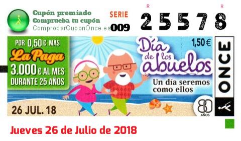 Cupón ONCE premiado el Jueves 26/7/2018