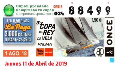 Cupón ONCE premiado el Miercoles 1/8/2018