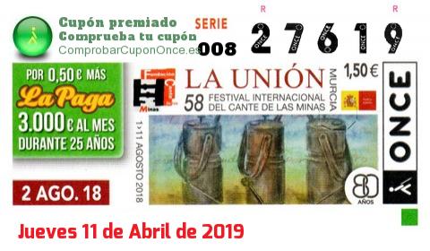 Cupón ONCE premiado el Jueves 2/8/2018