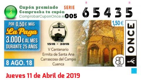 Cupón ONCE premiado el Miercoles 8/8/2018