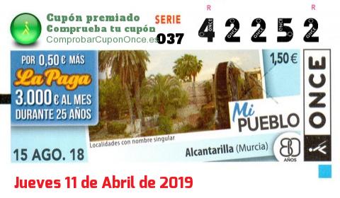 Cupón ONCE premiado el Miercoles 15/8/2018