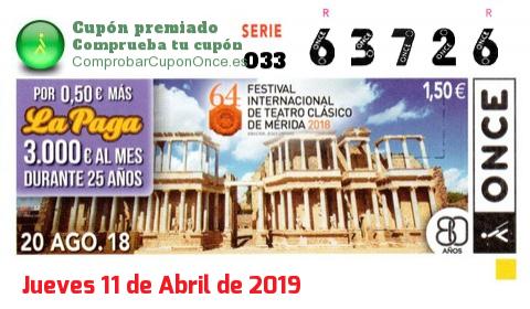 Cupón ONCE premiado el Lunes 20/8/2018