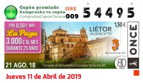 Cupón ONCE premiado el Martes 21/8/2018