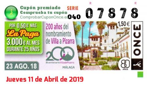 Cupón ONCE premiado el Jueves 23/8/2018