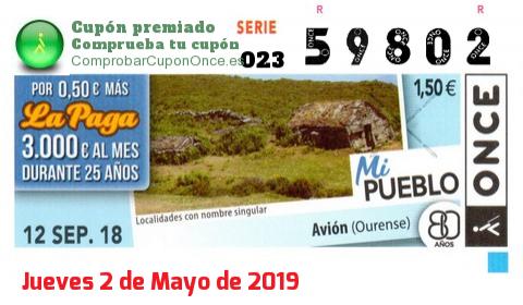 Cupón ONCE premiado el Miercoles 12/9/2018