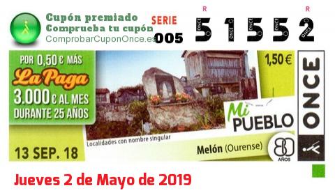 Cupón ONCE premiado el Jueves 13/9/2018