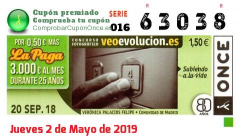 Cupón ONCE premiado el Jueves 20/9/2018