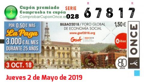 Cupón ONCE premiado el Miercoles 3/10/2018