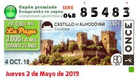 Cupón ONCE premiado el Jueves 4/10/2018