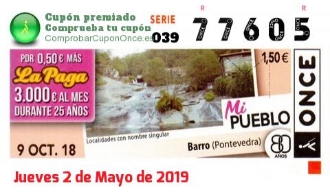 Cupón ONCE premiado el Martes 9/10/2018