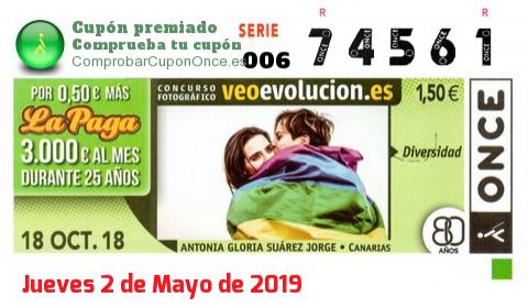 Cupón ONCE premiado el Jueves 18/10/2018