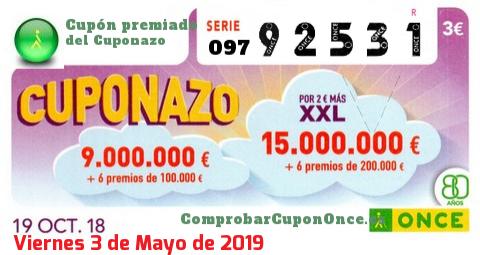 Cuponazo ONCE premiado el Viernes 19/10/2018