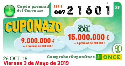 Cuponazo ONCE premiado el Viernes 26/10/2018