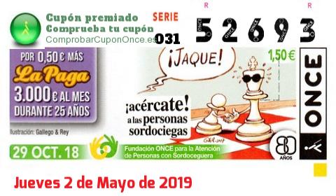 Cupón ONCE premiado el Lunes 29/10/2018