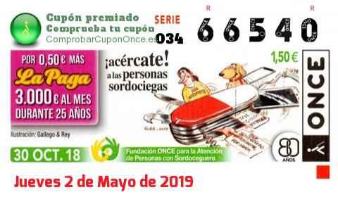 Cupón ONCE premiado el Martes 30/10/2018