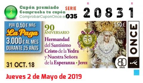 Cupón ONCE premiado el Miercoles 31/10/2018