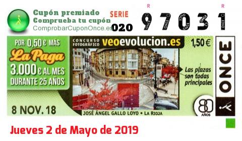 Cupón ONCE premiado el Jueves 8/11/2018