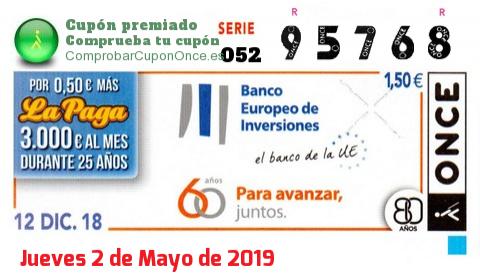 Cupón ONCE premiado el Miercoles 12/12/2018