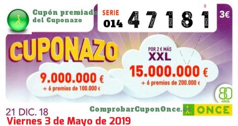 Cuponazo ONCE premiado el Viernes 21/12/2018