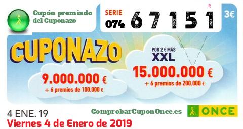 Cuponazo ONCE premiado el Viernes 4/1/2019
