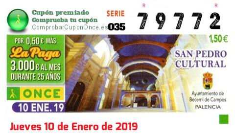 Cupón ONCE premiado el Jueves 10/1/2019