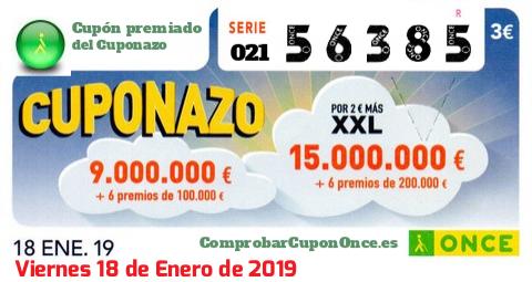 Cuponazo ONCE premiado el Viernes 18/1/2019